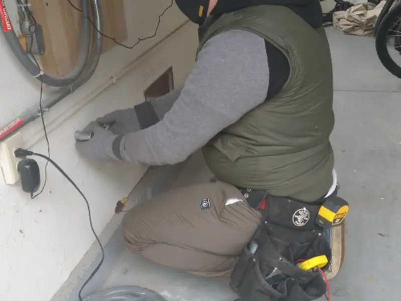 Electrician performing outlet wiring in a Nuevo garage